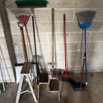 LOT 109G: Rake, Shovels, Brooms & Stools