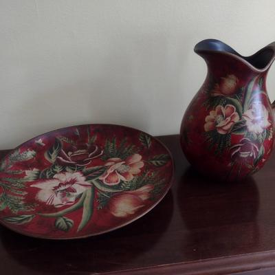 Painted Ceramic Italian Style Water Pitcher and Charger Plate Combination