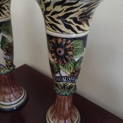 Pair of Ceramic Painted Italian Style Candle Holders