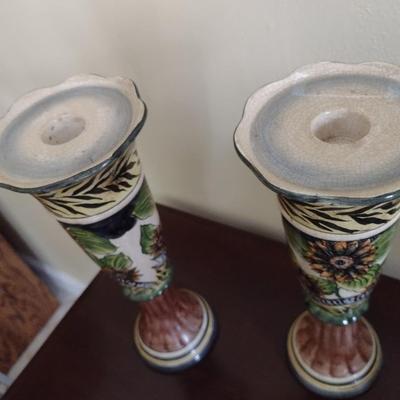 Pair of Ceramic Painted Italian Style Candle Holders