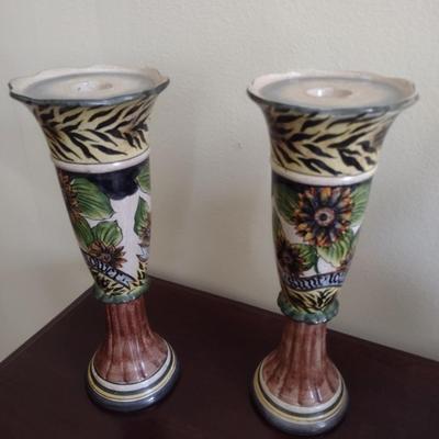 Pair of Ceramic Painted Italian Style Candle Holders