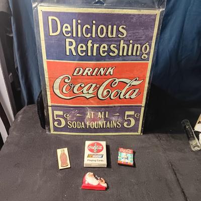 COCA-COLA TIN SIGN, NEW DEECK OF CARDS AND MAGNETS