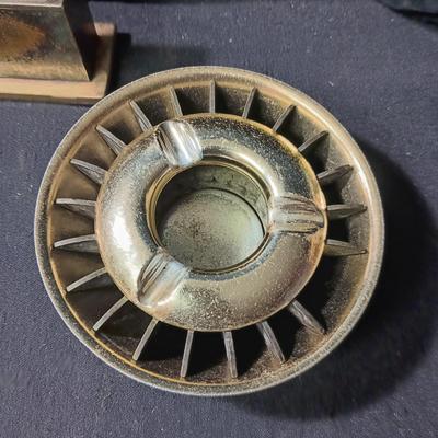 ARTILLERY SHELL ASHTRAY, MID-CENTURY ASHTRAY, TABLE LIGHTER AND WOODEN TOBACCO BOX