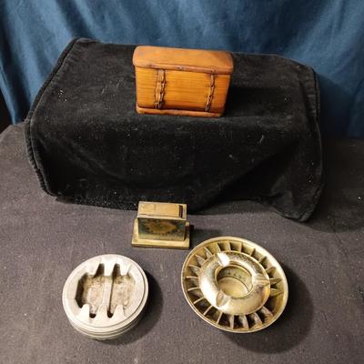 ARTILLERY SHELL ASHTRAY, MID-CENTURY ASHTRAY, TABLE LIGHTER AND WOODEN TOBACCO BOX