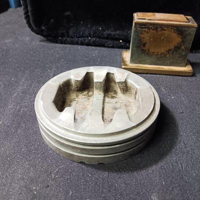 ARTILLERY SHELL ASHTRAY, MID-CENTURY ASHTRAY, TABLE LIGHTER AND WOODEN TOBACCO BOX