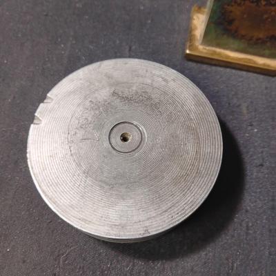 ARTILLERY SHELL ASHTRAY, MID-CENTURY ASHTRAY, TABLE LIGHTER AND WOODEN TOBACCO BOX