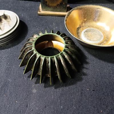 ARTILLERY SHELL ASHTRAY, MID-CENTURY ASHTRAY, TABLE LIGHTER AND WOODEN TOBACCO BOX