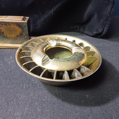 ARTILLERY SHELL ASHTRAY, MID-CENTURY ASHTRAY, TABLE LIGHTER AND WOODEN TOBACCO BOX