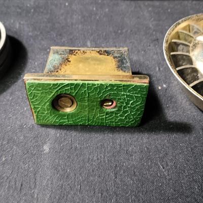 ARTILLERY SHELL ASHTRAY, MID-CENTURY ASHTRAY, TABLE LIGHTER AND WOODEN TOBACCO BOX