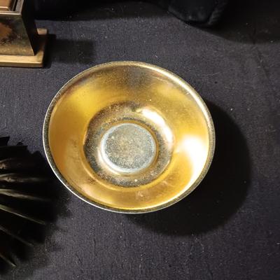 ARTILLERY SHELL ASHTRAY, MID-CENTURY ASHTRAY, TABLE LIGHTER AND WOODEN TOBACCO BOX