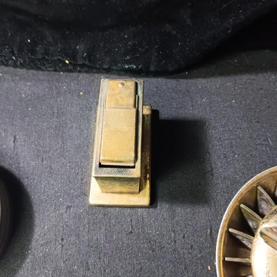 ARTILLERY SHELL ASHTRAY, MID-CENTURY ASHTRAY, TABLE LIGHTER AND WOODEN TOBACCO BOX