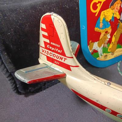 CAPITAL AIRLINES TIN LITHO TOY AIRPLANEE IN FAIR CONDITION AND 2 METAL CYMBALS? WITH GREAT GRAPHICS