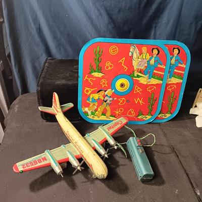 CAPITAL AIRLINES TIN LITHO TOY AIRPLANEE IN FAIR CONDITION AND 2 METAL CYMBALS? WITH GREAT GRAPHICS