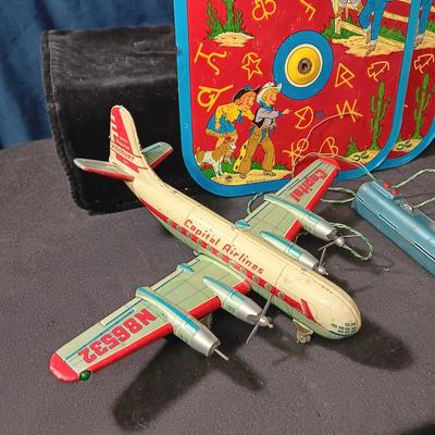 CAPITAL AIRLINES TIN LITHO TOY AIRPLANEE IN FAIR CONDITION AND 2 METAL CYMBALS? WITH GREAT GRAPHICS