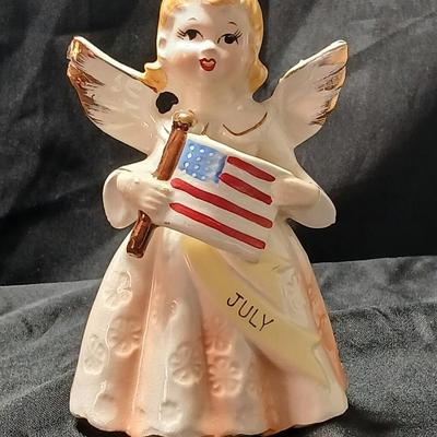 Vintage 1950's Birthday Angel JULY Patriotic USA Flag 5" Ceramic Figurine Japan