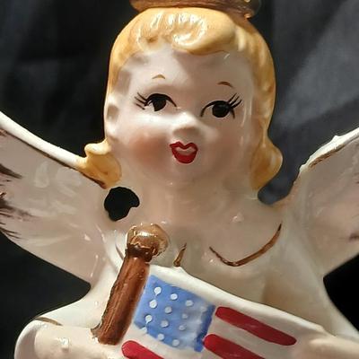 Vintage 1950's Birthday Angel JULY Patriotic USA Flag 5" Ceramic Figurine Japan