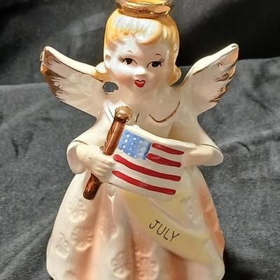 Vintage 1950's Birthday Angel JULY Patriotic USA Flag 5" Ceramic Figurine Japan