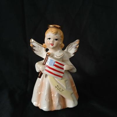 Vintage 1950's Birthday Angel JULY Patriotic USA Flag 5" Ceramic Figurine Japan