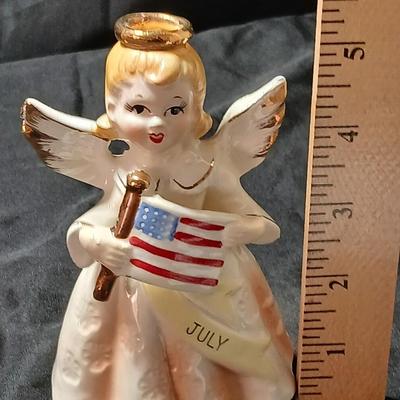 Vintage 1950's Birthday Angel JULY Patriotic USA Flag 5" Ceramic Figurine Japan