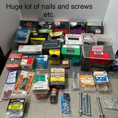 Sale Photo Thumbnail #86: Large assorted lot of nails, screws, bolts, nuts, and fasteners etc.