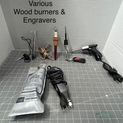 Sale Photo Thumbnail #258: Includes Craftsman engraver, soldering irons, pyrography pens.