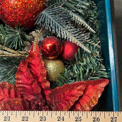 Sale Photo Thumbnail #304: Battery-operated, auto timer, red poinsettias, ornaments, pinecones.