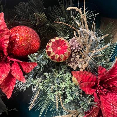 Sale Photo Thumbnail #302: Battery-operated, auto timer, red poinsettias, ornaments, pinecones.