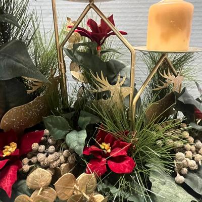 Sale Photo Thumbnail #383: 3 yellow candles, poinsettias, pine, berries, gold accents.