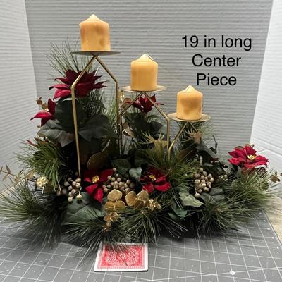Sale Photo Thumbnail #382: 3 yellow candles, poinsettias, pine, berries, gold accents.