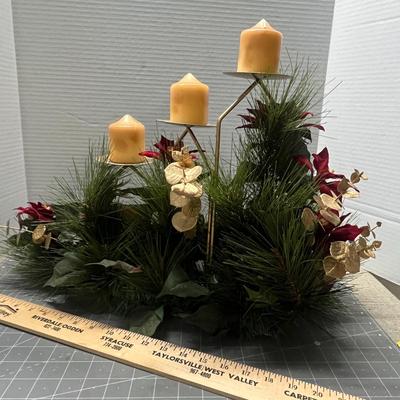 Sale Photo Thumbnail #384: 3 yellow candles, poinsettias, pine, berries, gold accents.