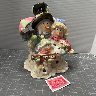 Sale Photo Thumbnail #415: 4 snowmen, winter outfits, “We all love snow” sign.