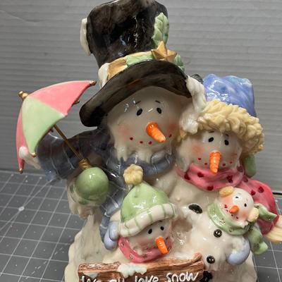 Sale Photo Thumbnail #416: 4 snowmen, winter outfits, “We all love snow” sign.