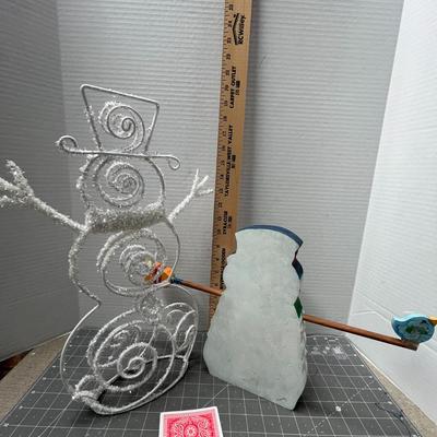 Sale Photo Thumbnail #452: Glitter wireframe snowman + colorful figurine with broom and bird.