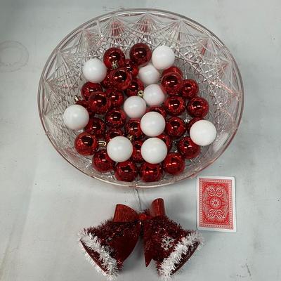 Sale Photo Thumbnail #456: Ornaments, braided wreaths, bells, crocheted Santa band.