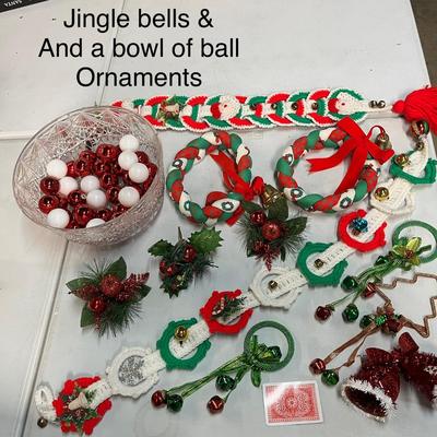 Sale Photo Thumbnail #454: Ornaments, braided wreaths, bells, crocheted Santa band.