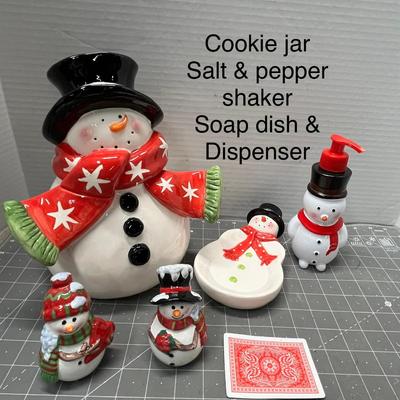 Sale Photo Thumbnail #471: Set – 5 Pc Cookie jar, S&P shakers, soap dish, dispenser—festive snowman design.