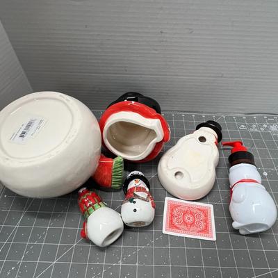Sale Photo Thumbnail #473: Set – 5 Pc Cookie jar, S&P shakers, soap dish, dispenser—festive snowman design.
