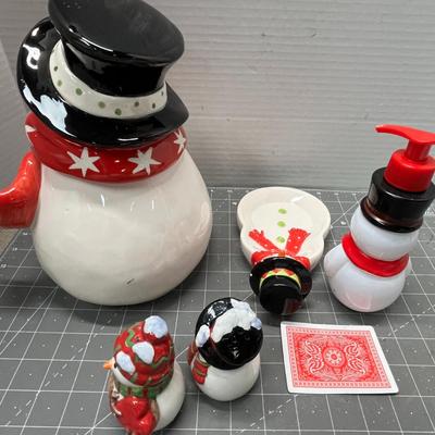Sale Photo Thumbnail #472: Set – 5 Pc Cookie jar, S&P shakers, soap dish, dispenser—festive snowman design.