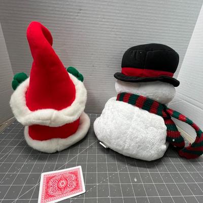 Sale Photo Thumbnail #476: Santa head with mittens + seated snowman with scarf and hat.