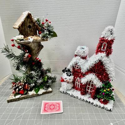 Sale Photo Thumbnail #481: Rustic birdhouse with greenery + glitter house with snowman and tree.