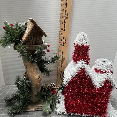 Sale Photo Thumbnail #484: Rustic birdhouse with greenery + glitter house with snowman and tree.