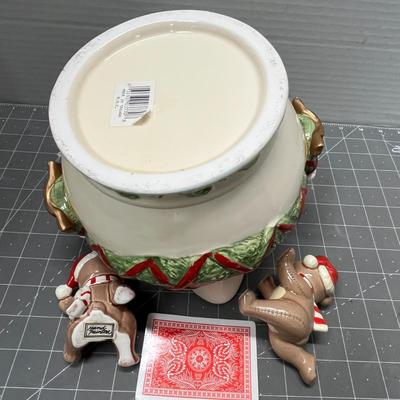 Sale Photo Thumbnail #489: Garland-handled pitcher with Santa face + 2 winter-dressed bear figurines.