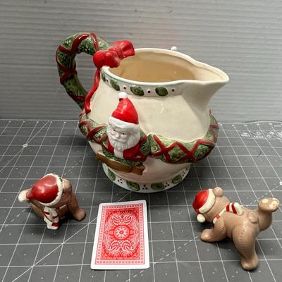 Sale Photo Thumbnail #488: Garland-handled pitcher with Santa face + 2 winter-dressed bear figurines.