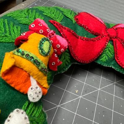 Sale Photo Thumbnail #539: 1 pc, green/red with stitched Santa, angel, snowman, bell, tree.