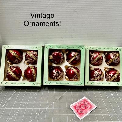Sale Photo Thumbnail #541: 3 boxes, 4 pc each, red glass with gold hand-decorated patterns.