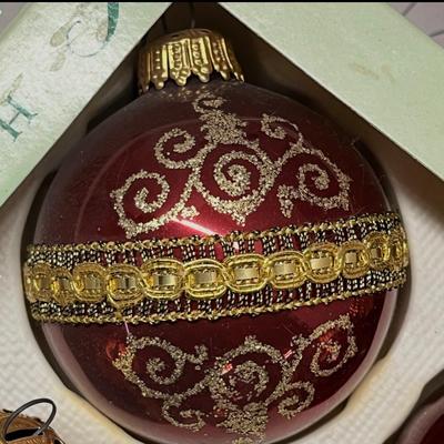 Sale Photo Thumbnail #543: 3 boxes, 4 pc each, red glass with gold hand-decorated patterns.