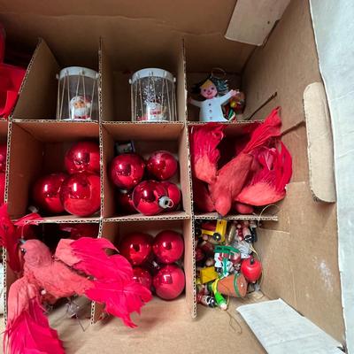 Sale Photo Thumbnail #546: 1 box, red/gold mix—baubles, birds, bows, figurines.