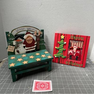Sale Photo Thumbnail #549: 2 pc, wood bench with Santa/snowman scene + red/green photo frame.