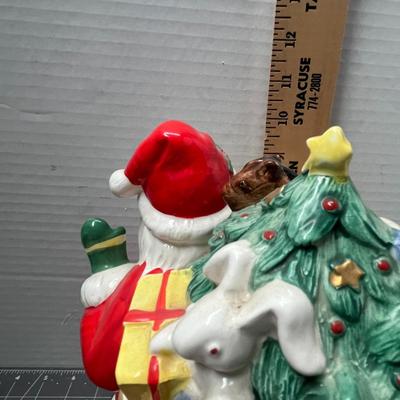 Sale Photo Thumbnail #562: Ceramic—red suit, gift sack, teddy bear detail.