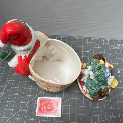 Sale Photo Thumbnail #564: Ceramic—red suit, gift sack, teddy bear detail.